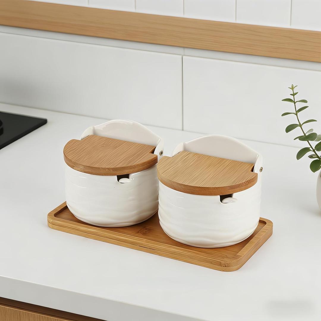 Ceramic Condiment Pots - Sugar Bowl with Lid and Ceramic Spoon Salt and Sugar Container Sets for Home Kitchen Coffee Tea Sugar Canister Set with Serving Tray