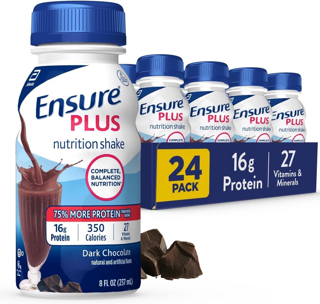 Ensure Plus DarkChocolate Nutrition Shake | Meal Replacement Shake | Ready To Drink | 16g Protein and 27 Vitamins and Minerals | 8 fl oz - 24 Pack | BB: 07/01/2025