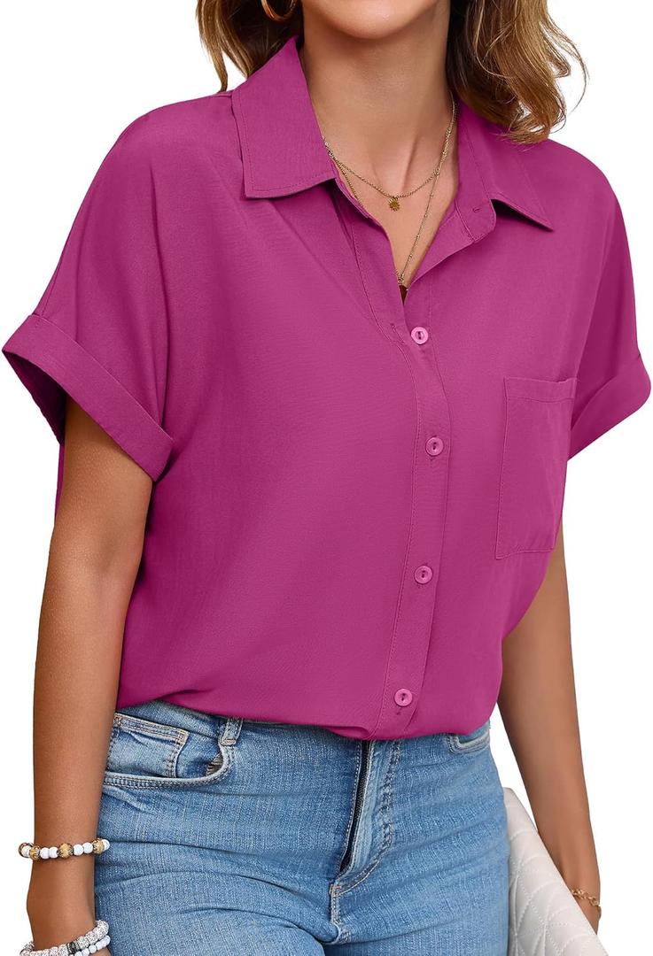 Womens Button Down Shirt Casual Short Sleeve Collared Work Blouse with Pocket (Small, A-07 Shocking Pink)