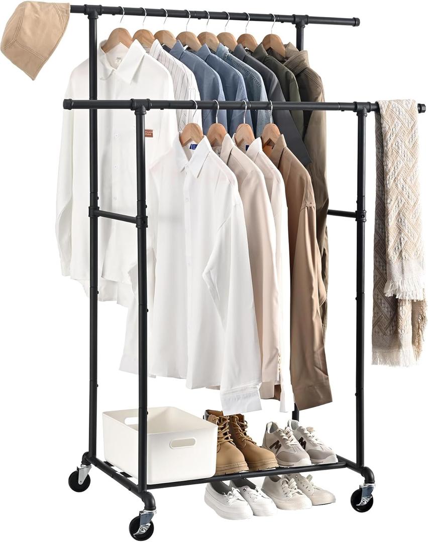 Heavy Duty Clothes Rack, Rolling Clothing Rack, Garment Rack with Wheels, Double Rod, Max 400Lbs, Black