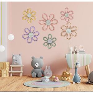 JAVEOLA 6Pcs 3 Sizes A Set Bohemian Wall Decor, Woven Flower Wall Hanging, Bedroom Nordic Cute Daisy Shaped Pendants for Girls Kids Baby Nursery Rooms, Modern Home Hanging, Boho Wall Pediments.