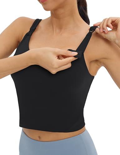 Foucome Womens Nursing Bras for Breastfeeding Maternity Tank Tops Crop Top with Built in Bra Longline Workout Sports Bra (Black, L)