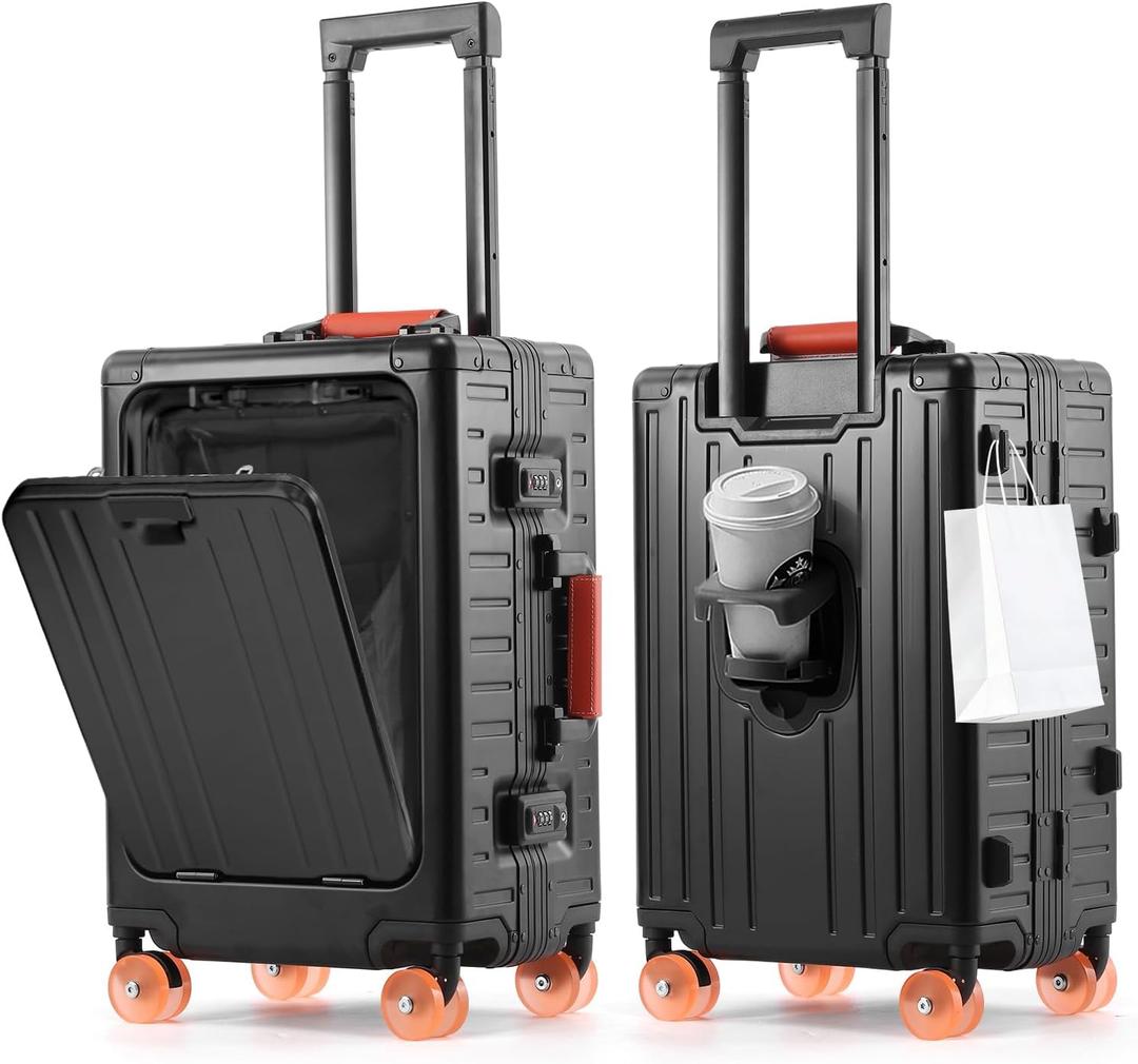 24Inch All Aluminum Checked Luggage with Laptop Compartment, Black