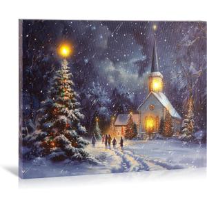 NIKKY HOME Christmas LED Lighted Wall Decor, 16 x 12 Inch Canvas Prints Art Light Up Church and Xmas Tree Pictures, Winter Snowy Night Scene Indoor Holiday Decorations