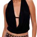SHENHE Women's Halter Draped Front Crop Top Deep V Neck Tie Backless Going Out Tops (Medium, Black)