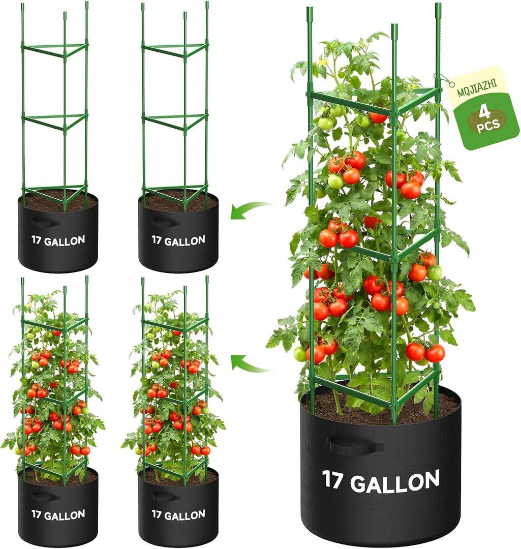 4 Pack Tomato Cages, Triangle Tomato Trellis with 17 Gallon Grow Bags, Tomato Plant Support Stakes for Garden Climbing Vegetables Flowers Fruits