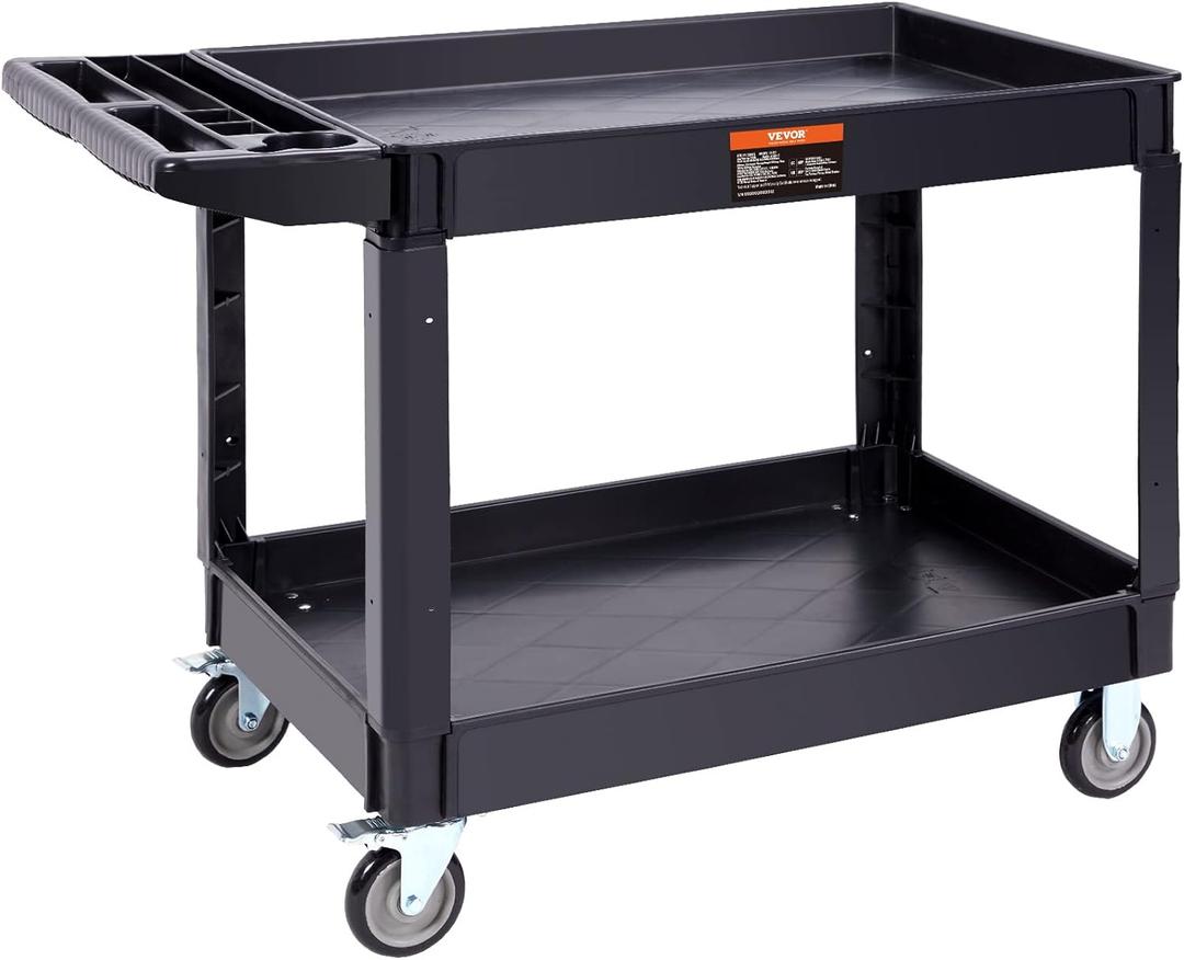 VEVOR Utility Service Cart 2 Shelf 550 lbs Heavy Duty Plastic Rolling Cart
Heavy Duty Utility Cart with 360° Swivel Wheels, Large Lipped Shelf, Ergonomic Storage Handle for Warehouse/Garage/Cleaning