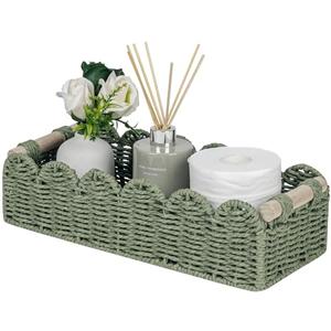 CubesLand Toilet Paper Storage Basket Scalloped Edge Home Decor Green Basket, Living Room Cozy Decor, Paper Rope Small Baskets for Over Toilet Storage Shelf, End Table, Shelves, with 2 Wooden Handles, Size: M - 14"L x 6.3"W x 3.9"H