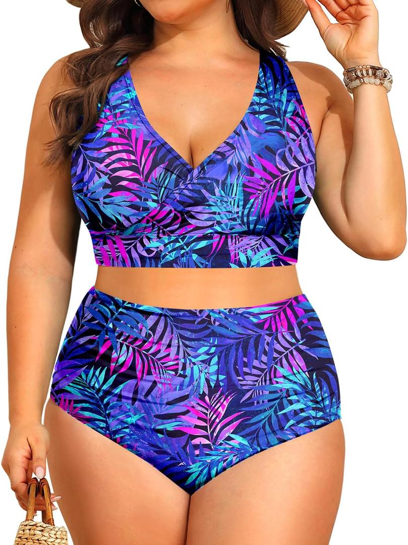 Tempt Me Plus Size High Waisted Bikini - Women Two Piece Swimsuit Tummy Control Bathing Suit 2025 Swimwear (Blue Leaves)