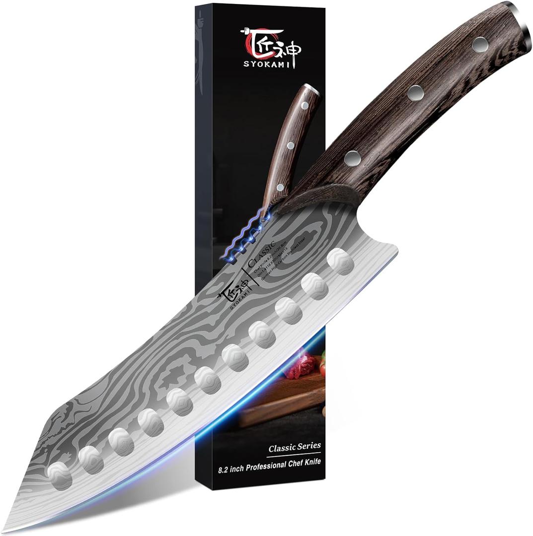 Japanese Kitchen Knife, 8.2 Inch Chef Knife, Carbon Steel Kiritsuke, Razor Sharp Santoku for Precision Cutting, Damascus Pattern, Full Tang Wood Handle,Thanksgiving Christmas Cooking Gifts