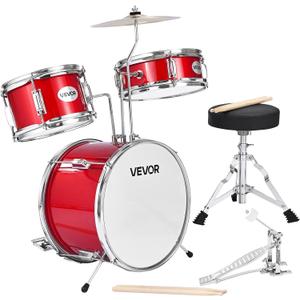 VEVOR Kids Drum Set, 3-Piece 14 in Junior Drum Sets, Beginner Drums Set with Adjustable Throne, Cymbal & Two Pairs of Drumsticks, Musical Learning Drums Instruments Kit, for Children Ages 6-13 (Red)