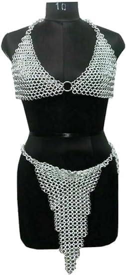 Women Bikini Chainmail Bra & Skirt Silver Butted Chainmail Aluminium 10 mm Butted Rings Bra & Skirt Bikni Halloween Cosplay Costume Set Gift (Anodized)