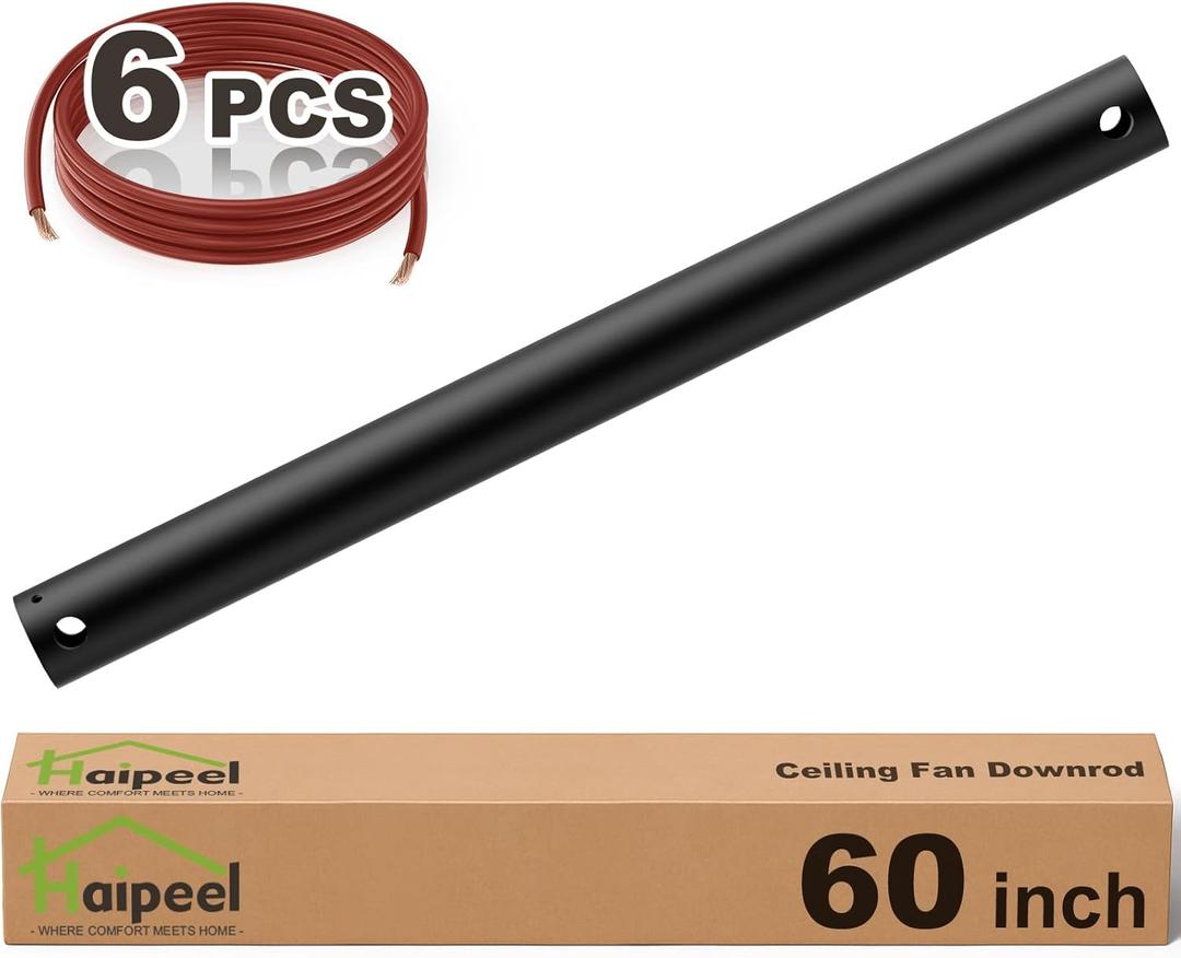 Haipeel 60 Inch Ceiling Fan Downrod, 5 FT Extension Rod with Extended Cord, 1 Inch Diameter Not Threaded Downrod for Ceiling Fan, Heavy Duty Ceiling Fan Accessories (Black)