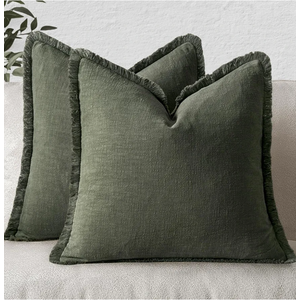 MIULEE Decorative Throw Pillow Covers Neutral Linen Fringe Throw Pillows Set of 2 Rifle Green Boho Farmhouse Cushion Covers with Tassels for Couch Sofa Bed Living Room Spring Home Decor 18x18 Inch