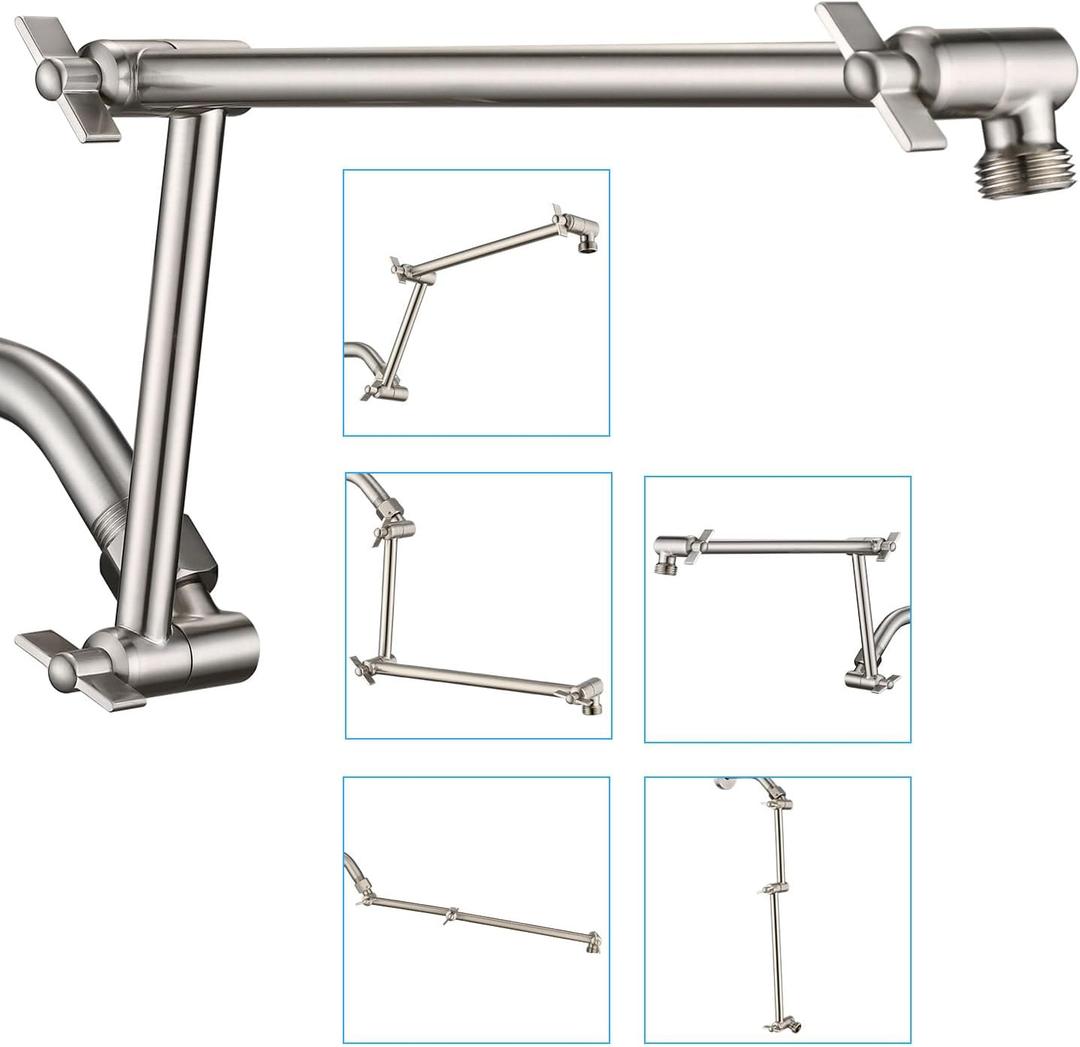 PDPBath Brass 16 Inch Shower Head Extension Arm, Upgrade Flexible Height & Angle Adjustable Shower Arm Extender with Lock Joints, for Fixed Shower Head & Handheld Shower Head, Brushed Nickel
