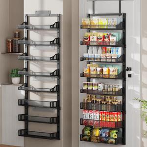 POKIPO 8-Tier Over the Door Pantry Organizer, Large Metal Door Spice Rack with Adjustable Basket, 2 in 1 Wall Mount or Hanging Heavy-Duty Pantry Door Storage Shelf for Kitchen and Bathroom, Black
