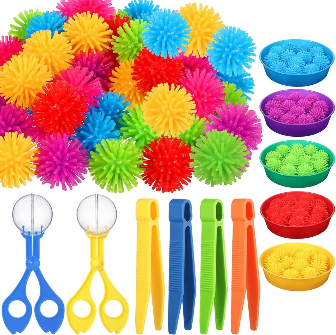Leitee 71 Pcs Sensory Bin Filler Include 60 Hedge Balls 4 Tweezers 2 Scissors Clips 5 Cups Fine Motor Skills Toys Set for Boys Girls Early Education and Counting Sorting Training (Classic)