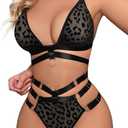Lilosy Sexy Wireless Choker O Ring Linked Strappy Harness Lingerie Set Outfits 3 Piece (Mesh Black Leopard) - Size Medium