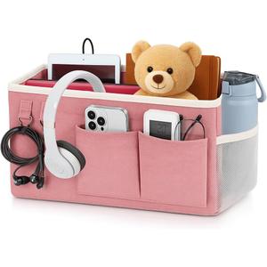 Bedside Caddy Organizer Hanging Storage Bag with Pockets for Books, Magazines, Phone, Tablet & Water Bottle  Bedside Storage for Dorm, Bunk Beds, Hospital Beds & Cribs, Pink