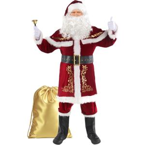 Christmas Santa Clause Costume For Men 12pcs Set Deluxe Velvet Adult Santa Suit XL