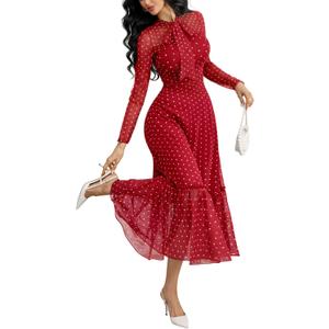 GothDark Polka Dot Dress for Women Mesh Tie Neck Bow Sheer Sleeve Flowy Ruffle Hem Going Out Wedding Guest Casual Dress, Small