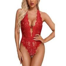 Aranmei Women Sexy Lingerie Bodysuit V Neck Sheer Lace Mesh One Piece Babydoll Lingerie Romper S