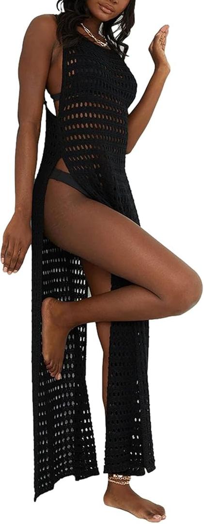 Sexy Bikini Swimsuits Cover Up Dress for Women Knit Crochet Halter Backless Hollow Out High Slit Maxi Dress Size L