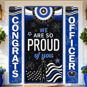 3pcs Congrats Officer Porch Banners & Police Door Banner Police Themed Hanging Decor for Police Academy, Cops Retirement,Outdoor Wall,Front Door Decor(Blue White Black)