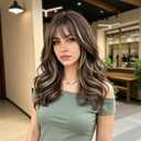 Wig with Bangs for Women 4x4 Realistic Scalp Layered Hairstyle Brown Blonde Highlight Medium Length Wavy Synthetic Heat Resistant Glueless Hair Wig for Daily Party Use 18 inch