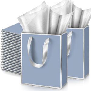 Yeaqee 50 Pack Metallic Gift Bags with Handle and Tissue Paper Gold Foil Thank You Bag for Graduation Wedding Groomsmen Bridal Baby Shower Gifts Holiday Party Favors 9x7x3.15'' (Dusty Blue,Silver)