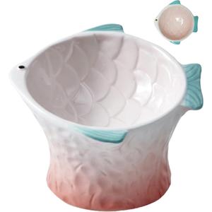 Raised Tilted Ceramic Cat Food Bowl,Cute Pink Fish Shape Elevated Slanted Shallow Angled Cat Dish,Personalized Pet Feeder for Kitty Dry Wet Treats Feeding,Ergonomic Anti Vomiting Whisker Fatigue