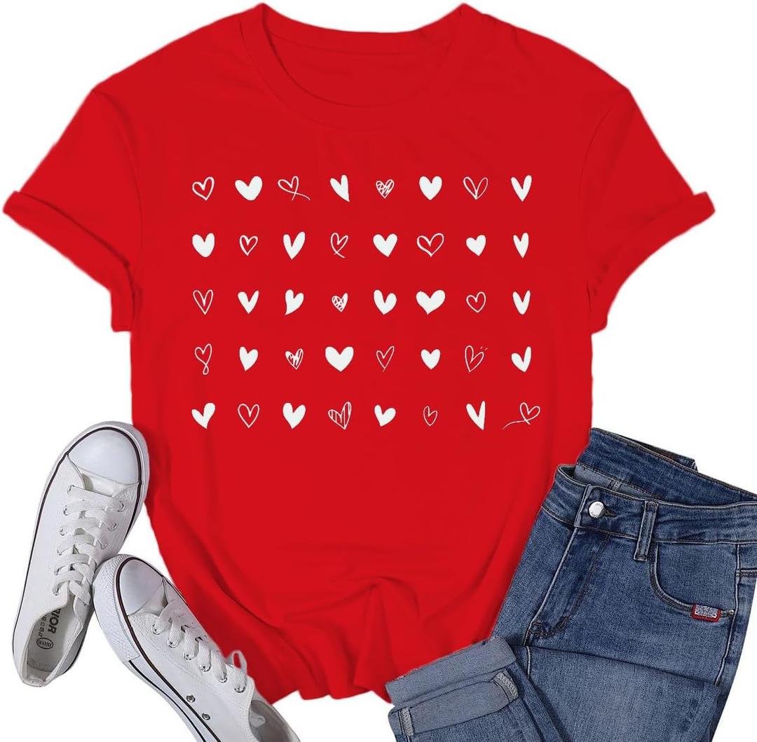 Valentines Day Shirt for Women Valentine T-Shirts Red Love Heart Sketch Tee Tops (Red, XL)