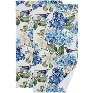 Blue White Floral Hand Towels Set of 2 Soft Spring Hydrangea Hibiscus Flower Bath Fingertip Towels Decorative Hand Towels for Bathroom Guest Face Towel Navy Birds Kitchen Dish Towels 14"x28"
