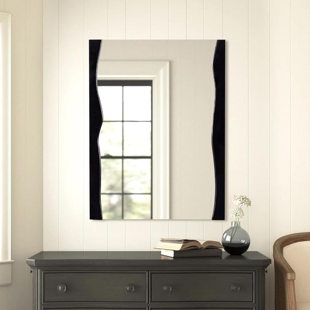 Tanmicoshomy Black Wood Mirrors for Wall, Asymmetrical 24 x 32 Inch Wood Framed Vanity Mirrors for Bathroom, Living Room, Bedroom or Entryway