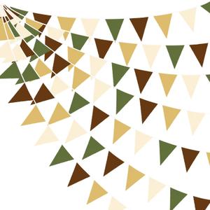 32Ft Woodland Party Decorations Olive Green Tan Brown Cream Neutral Triangle Flag Fabric Banner Pennant Bunting Garland Streamers for Birthday Wedding Baby Shower Jungle Safari Camping Party Decor