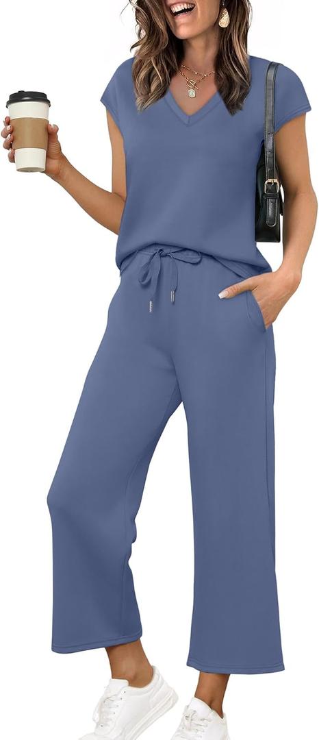 Saloogoe Two Piece Sets for Women Summer Outfits Lounge Sets V Neck Tops Wide Leg Pants Woman Vacation Travel Outfits (Large, Blue)