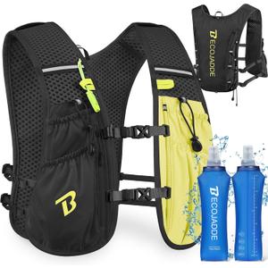Running Vest Hydration Backpack for Men Women, 5L Lightweight Running Backpack Hydration Pack for Marathon, Trail, Cycling, Hiking, Jogging (5L Running Vest with Two 500ML Soft Water Bottles, Black)