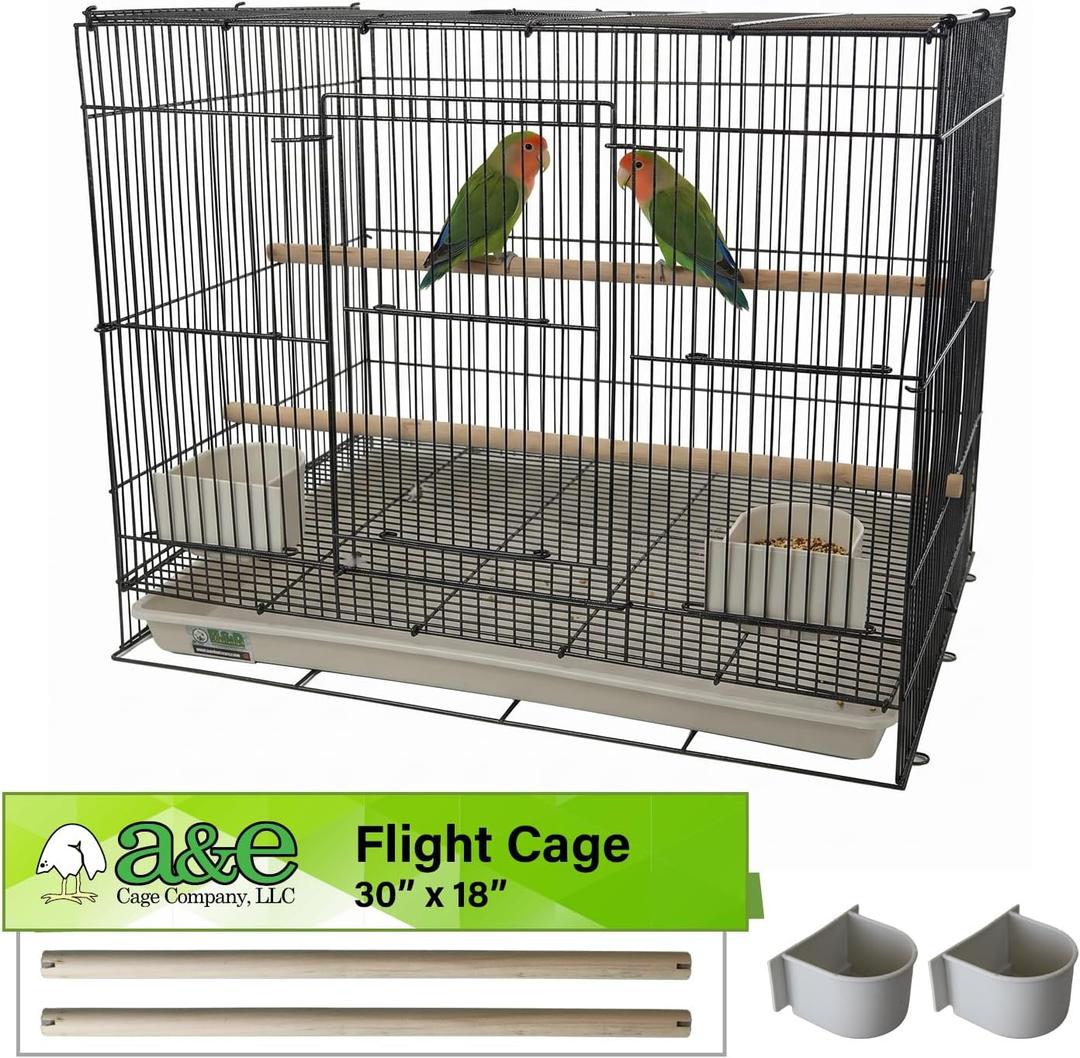 A&E Cage Co 504 Black Flight Bird Cage 30" x 18" x 18" Flight Cage for Finches, Canaries & Parakeets Includes 2 Feeder Stations, Wood Perch, Slide-Out Tray & Carry Handle (Black)
