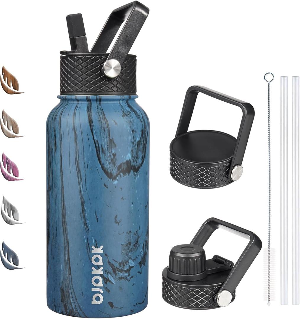 BJPKPK Insulated Water Bottles with Straw Lid, 27oz Stainless Steel Water Bottle with 3 Lids, Leak Proof BPA Free Metal Thermos, Mugs, Tumblers, Keep Cold Hot - Wood Prussian Blue