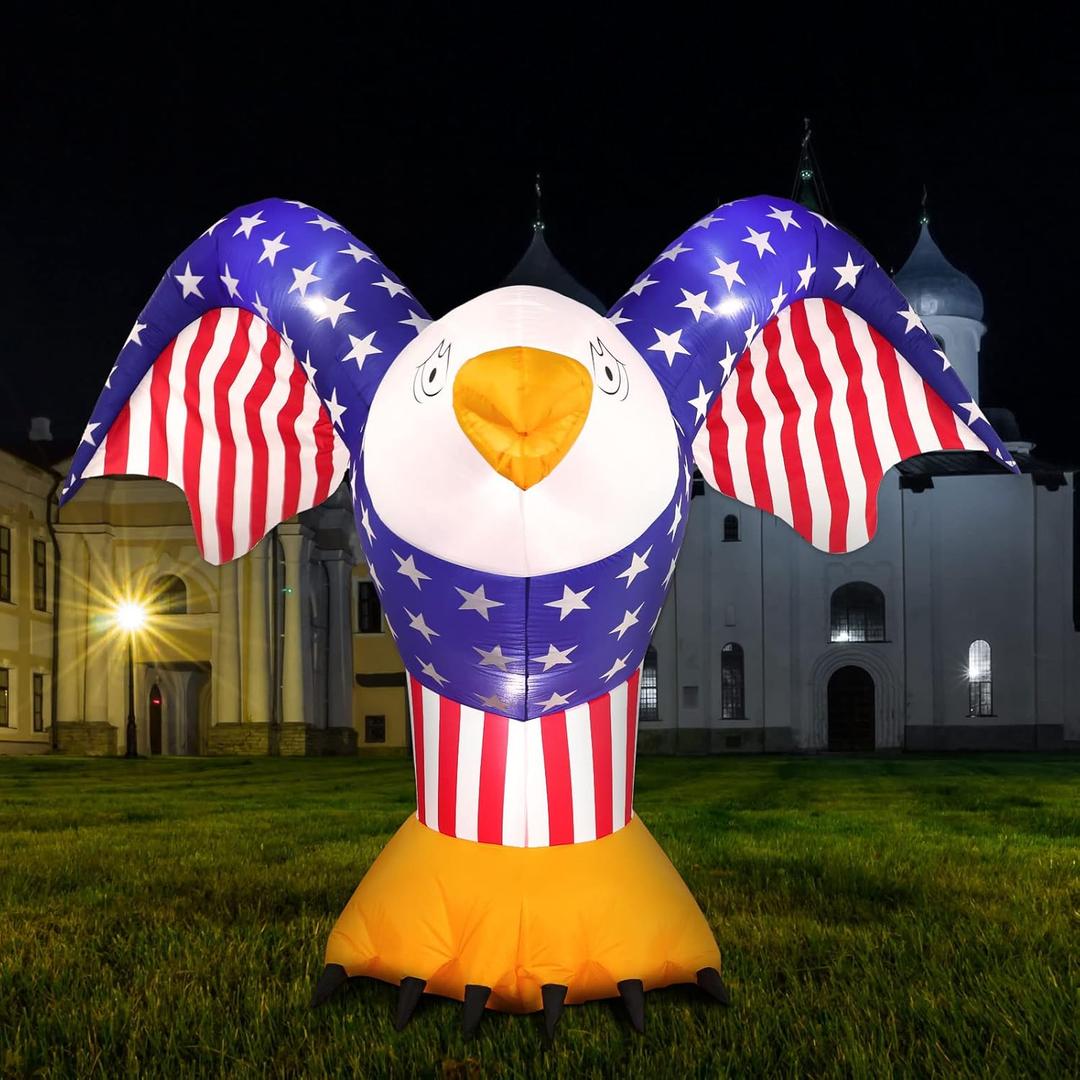 Kathfly 6FT 4th of July Patriotic Inflatable Decor Red Blue White American Flag Blow up Eagle Built in LED Light/Blower for Independence Day Parade Veterans Outdoor Lawn