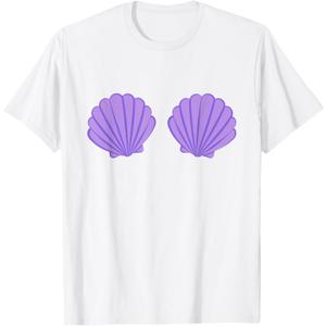 Mermaid Purple Seashell Bra Cartoon Graphic T-Shirt, L, White