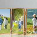 ANAZOZ Metal 6x8 Picture Frame Vertical for Office Desk, Glass 3 Photo Frames Triple Folding, Table Stand, Gold, Office Decor