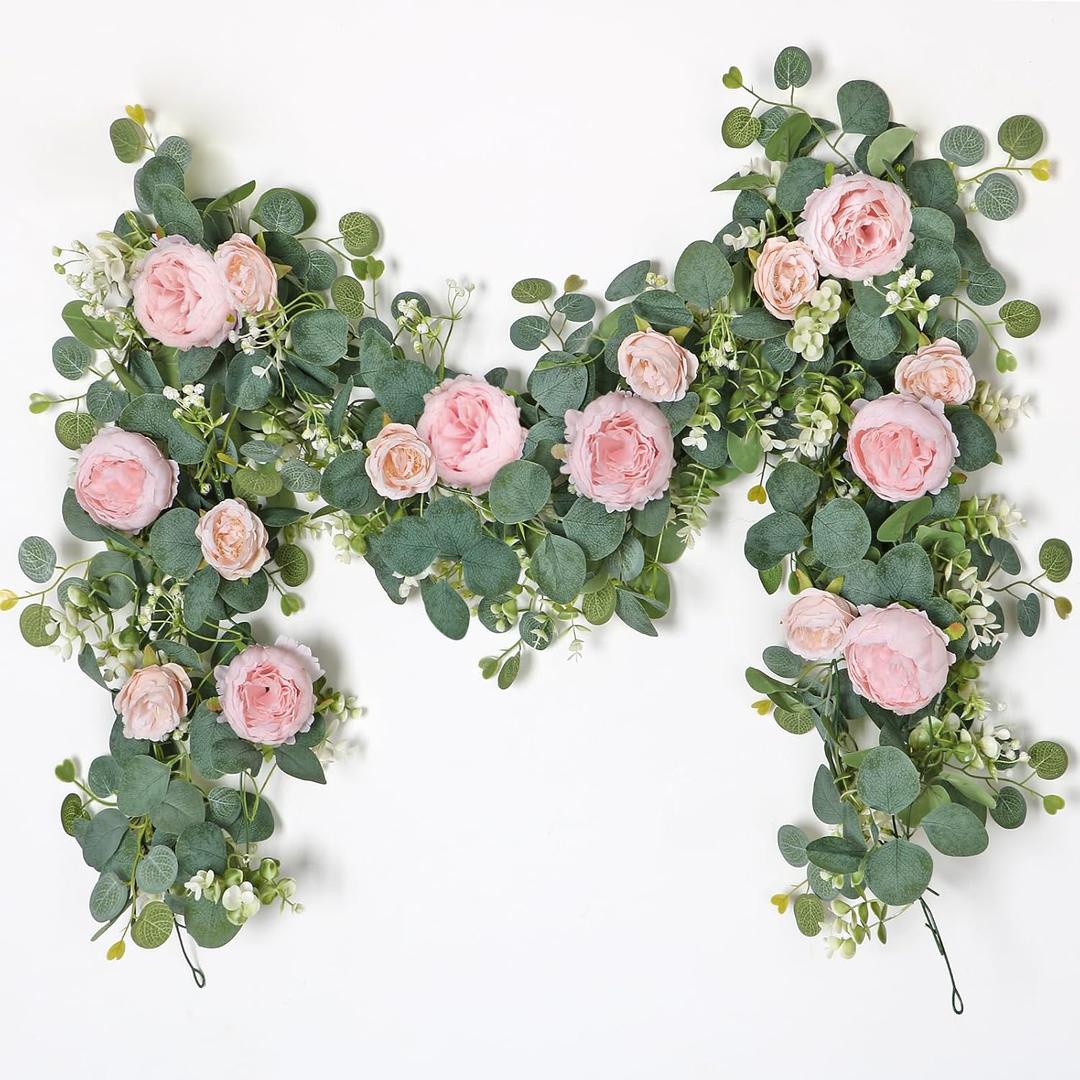 SOMYTING 2 Pack 13FT Flower Garland, Artificial Rose Vine Fake Flower Garland Silk Rose Peony Hanging Vine Faux Floral Garlands for Wedding Party Arch Table Wall Backdrop Decoration (Light Pink, 2 Pcs)