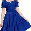 Arshiner Girls Summer Dress Tie Back Short Sleeve Square Neck Tiered Midi Casual Dresses with Pockets (Blue, L)