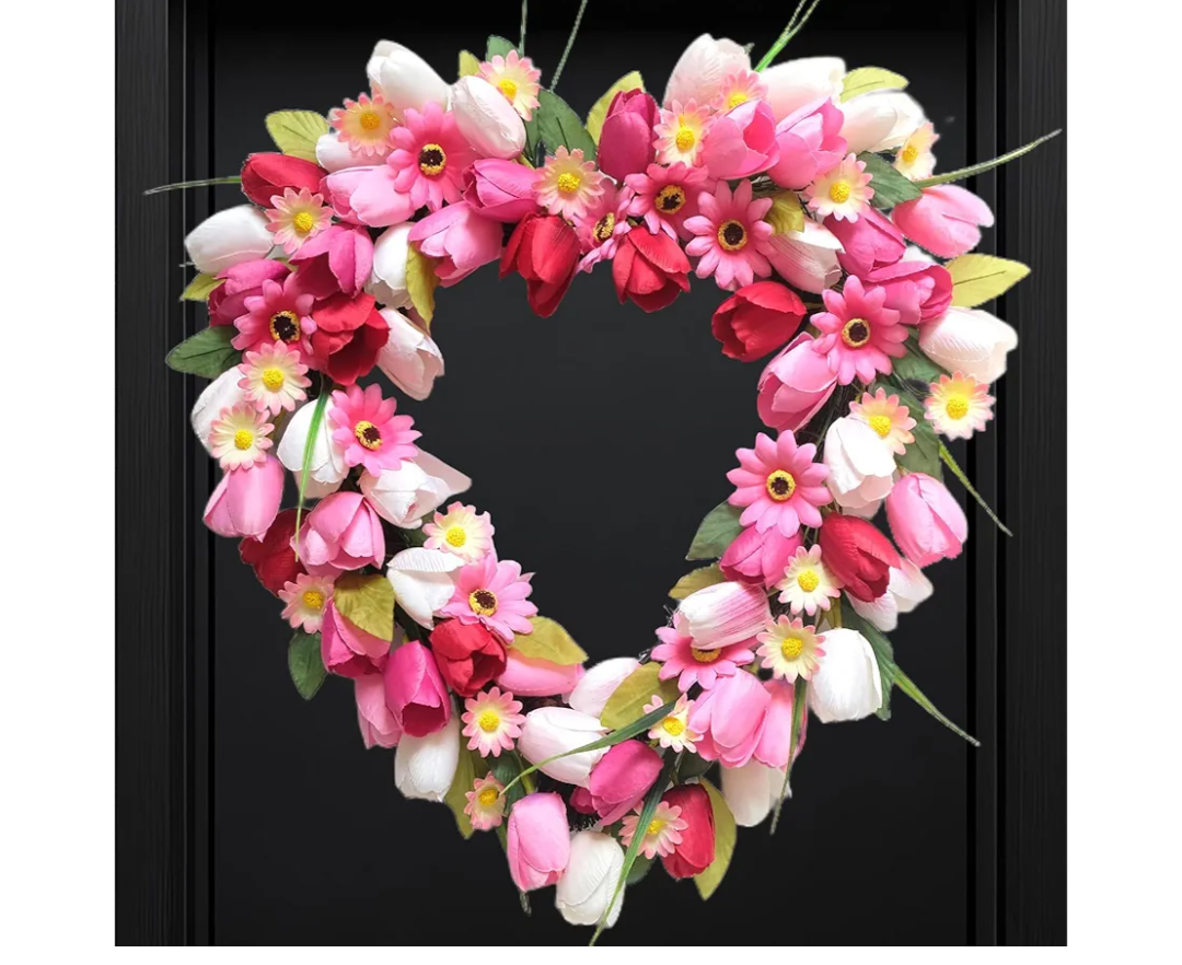 Bibelot Valentine's Day Heart Shaped Tulip Wreath, 20 Inch Pink White Tulip Floral Wreath for Front Door, Artificial Flower Heart Wreaths for Wedding Anniversary Festival Decorations