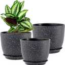 WOUSIWER Plant Pots 10/9/8 inch, Set of 3 Modern Decorative Plastic Planters with Drainage Holes and Saucers for House Plants Indoor Flowers Plants, Black with White Speckles