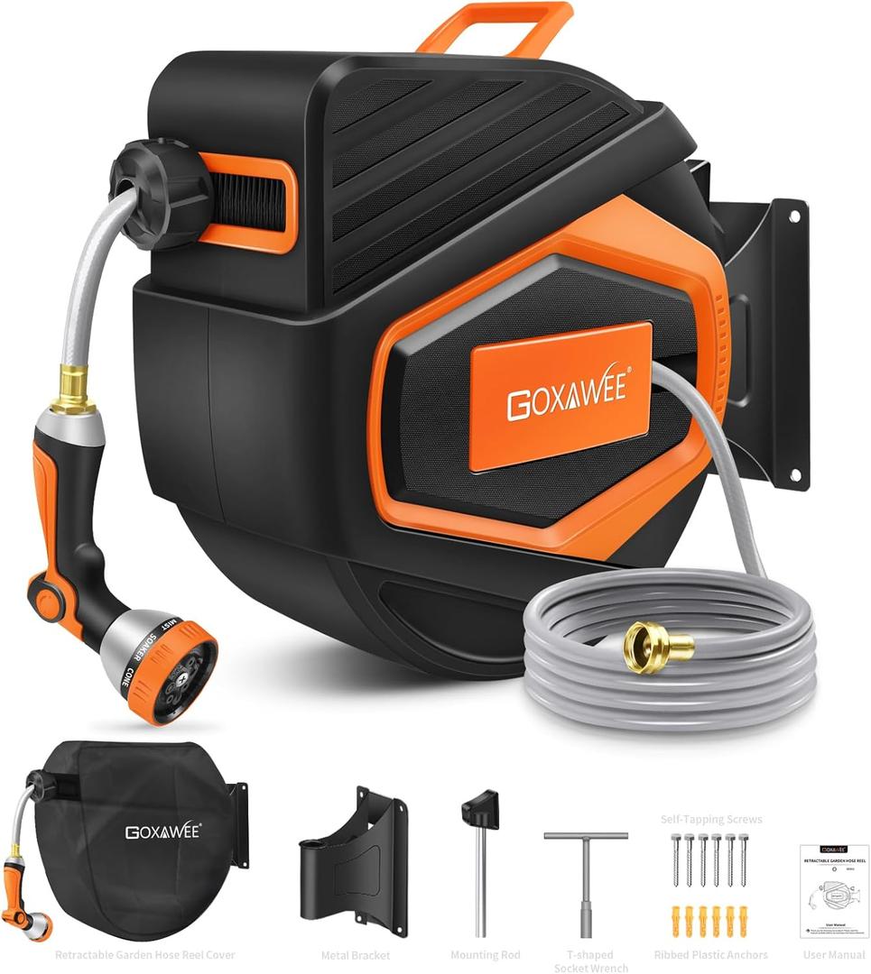 GOXAWEE Retractable Garden Hose Reel, 1/2" x 100 ft Upgraded UV Resistant Water Hose Reel Wall Mounted, Any Length Lock, Automatic Rewind, 180Swivel Metal Bracket, Orange GOXAWEE Retractable Garden Hose Reel, 1/2" x 100 ft Upgraded UV Resistant Water Hose Reel Wall Mounted, Any Length Lock, Automatic Rewind, 180Swivel Metal Bracket, Orange