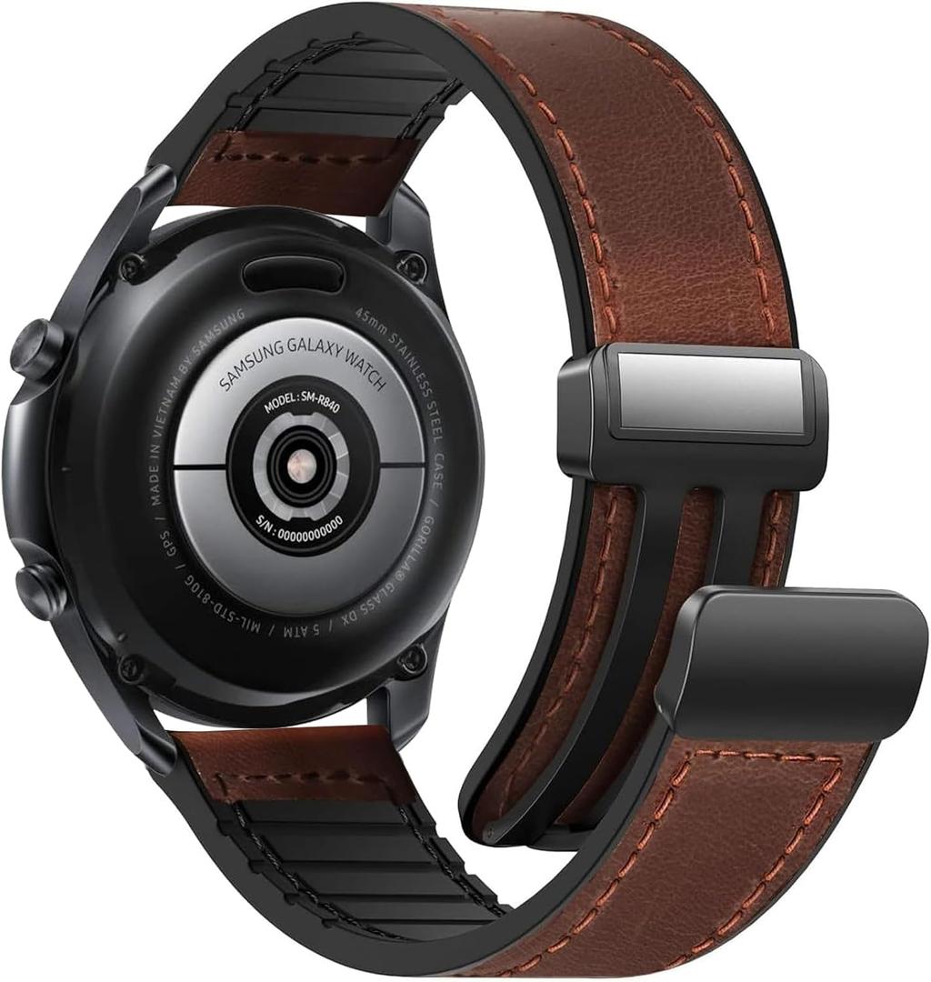 Magnetic Leather Band Compatible with Samsung Galaxy Watch 3 45mm/Galaxy Watch 46mm Bands/Gear S3 Frontier, Quick Release 22mm Strap Replacement Wristband for Men Women (A1 Dark Brown (for 22mm))