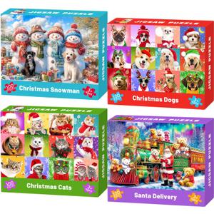 4 Packs Christmas 100 Piece Puzzles for Kids Ages 4-6 6-8 8-10, Snowman Dogs Cats Train Christmas Jigsaw Puzzles Kids Puzzles Ages 5-8, Xmas Gifts Stocking Stuffers for Boys Girls