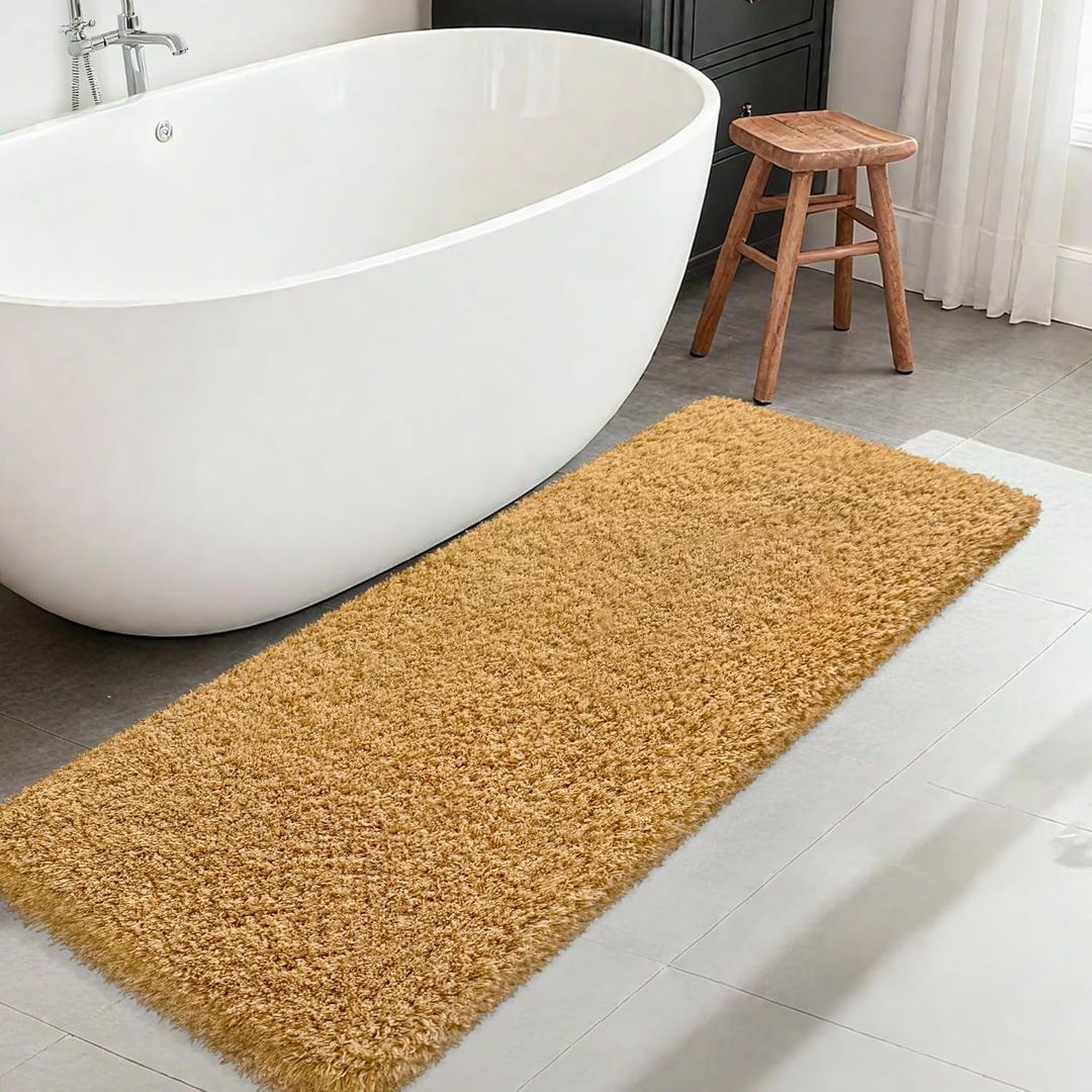Bathroom Runner Rug 60"x24", Non Slip Fluffy Long Bath Mat, Soft Shaggy Absorbent Microfiber Bath Rugs, Machine Washable Bath Mats for Bathroom Floor, Tub and Shower, Khaki